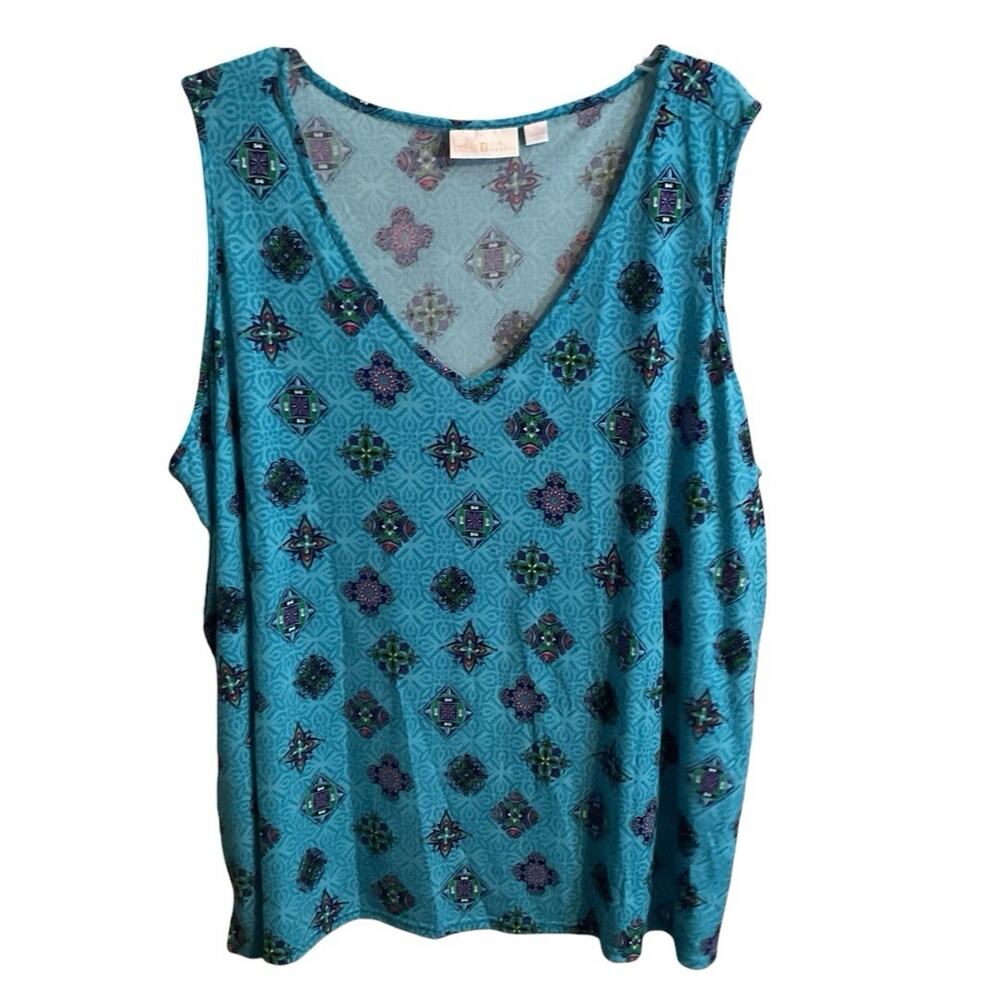 Belle Kim Gravel Tunic Shirt Women Size 3X Geometric Print Sleeveless Blue Soft